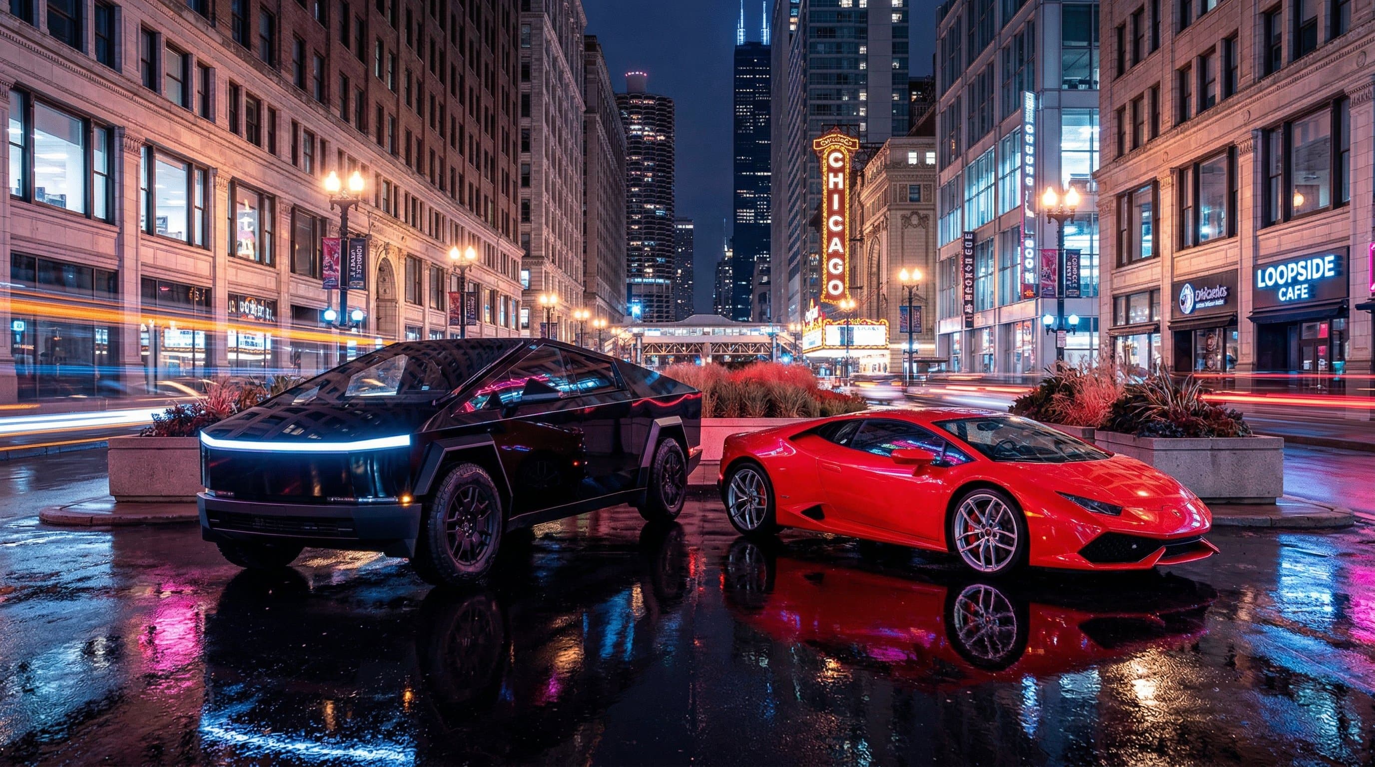 Exotic car rental options in Chicago including Tesla Cybertruck